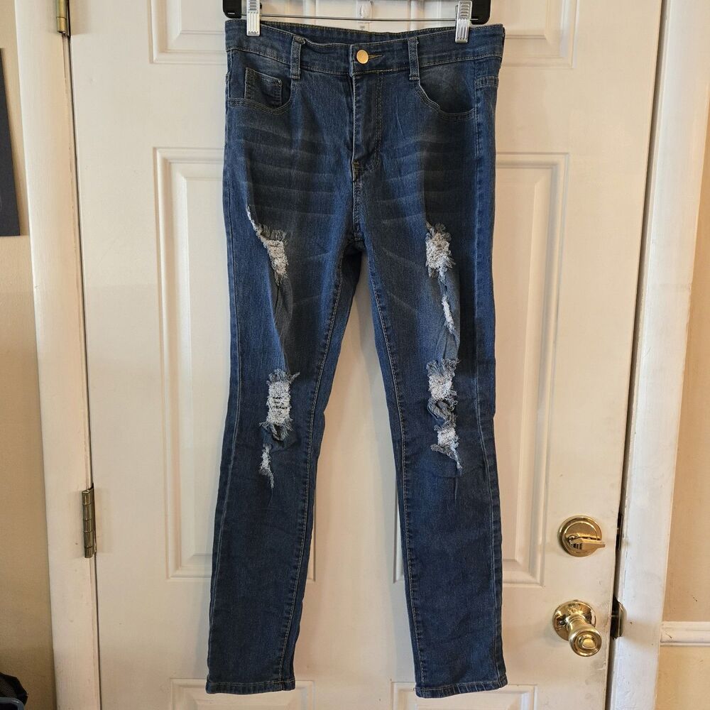 Women's Distressed Skinny Jeans Size Medium 30" Ripped Blue Denim Grunge Y2K